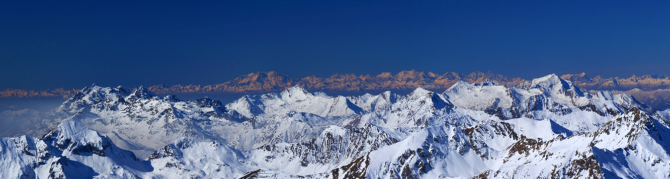Wide panorama of the Alps - In the background the massif of Monte Rosa and the Swiss Alps