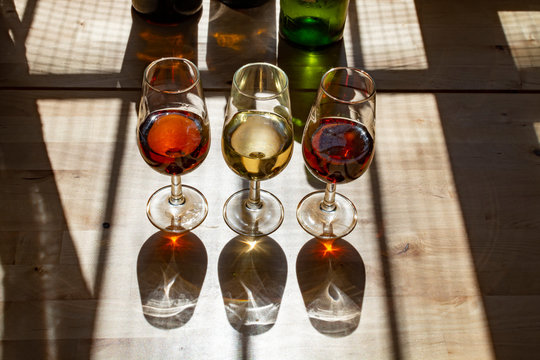 Sherry wine tasting, selection of different jerez fortified wines from dry to very sweet in glasses, Jerez de la Frontera, Andalusia, Spain