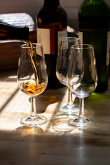 Sherry wine tasting, selection of different jerez fortified wines from dry to very sweet in glasses, Jerez de la Frontera, Andalusia, Spain
