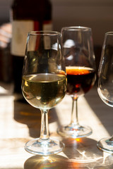 Sherry wine tasting, selection of different jerez fortified wines from dry to very sweet in glasses, Jerez de la Frontera, Andalusia, Spain