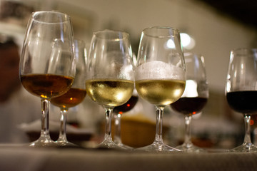 Sherry wine tasting, selection of different jerez fortified wines from dry to very sweet in glasses, Jerez de la Frontera, Andalusia, Spain