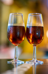 Christmas sherry wine, dry or sweet jerez fortified wine in glasses and street lights, Jerez de la Frontera, Andalusia, Spain