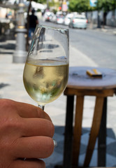 Sherry wine tasting, dry fino, manzanilla or palomino jerez fortified wine in glasses, Jerez de la Frontera, Andalusia, Spain