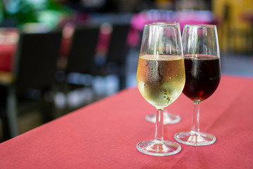 Sherry wine tasting, selection of different jerez fortified wines from dry to very sweet in glasses, Jerez de la Frontera, Andalusia, Spain