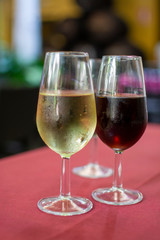 Sherry wine tasting, selection of different jerez fortified wines from dry to very sweet in glasses, Jerez de la Frontera, Andalusia, Spain