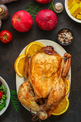 Traditional Thanksgiving day chicken or turkey, Christmas festive table setting (food table, a lot of dishes) menu concept. food background. copy space. Top view