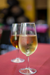 Sherry wine tasting, selection of different jerez fortified wines from dry to very sweet in glasses, Jerez de la Frontera, Andalusia, Spain
