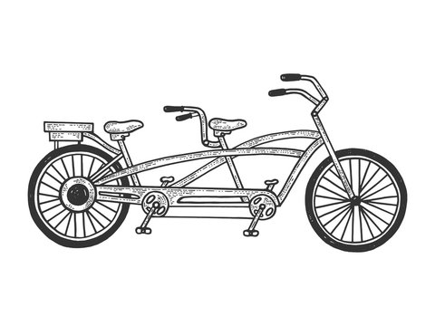 Tandem bicycle sketch engraving vector illustration. Tee shirt apparel print design. Scratch board style imitation. Hand drawn image.