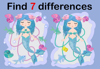 Education game for preschool kids, find the differences. Beautiful mermaid with a string of pearls. Cartoon illustration.