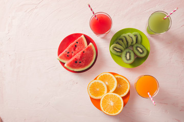 Assortment of fruit and vegetables juice in glass. Fresh organic ingredients, health or detox diet food concept