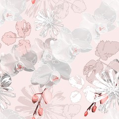 Seamless floral retro pattern. Delicate gray, white, pink flowers, twigs and leaves on a pale pink background.