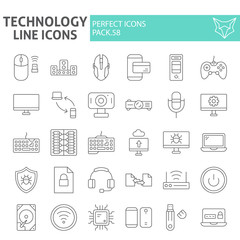 Technology thin line icon set, devices symbols collection, vector sketches, logo illustrations, gardening signs linear pictograms package isolated on white background.