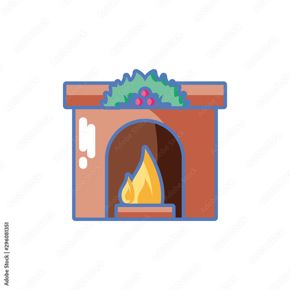 Sticker fireplace in Christmas on white background