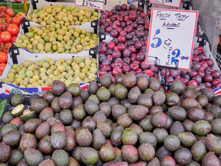 Stall in the market with vegetables and fruits.