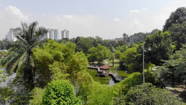 Top Aerial View of a small bridge in the middle of the lake with a garden full of trees in the city of Malaysia - Moving Down 