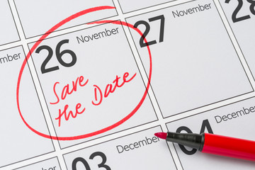 Save the Date written on a calendar - November 26