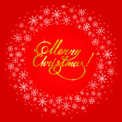 Vector set , illustration , card, poster , invitation design. Round garland frm simple hand drawn white snowflakes and golden lettering 