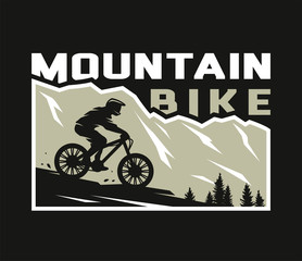 Mountain bike. Silhouette of a cyclist on a background of mountains on a dark background. Vector illustration.
