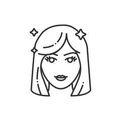 Beautiful women face with fashionable hairstyle black line icon. Avatar girl. Pictogram for web page, mobile app, promo.