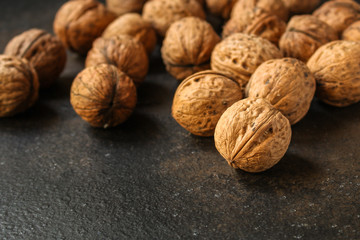 Walnuts, tasty and healthy (whole nuts) menu concept. food background. copy space. Top view 