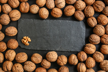Walnuts, tasty and healthy (whole nuts) menu concept. food background. copy space. Top view 