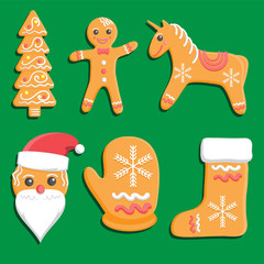 Gingerbread Cookies set isolated on white background. Decorative Xmas tree man unicorn mitten Shoe Santa Claus. Vector image.