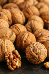 Walnuts, tasty and healthy (whole nuts) menu concept. food background. copy space. Top view 