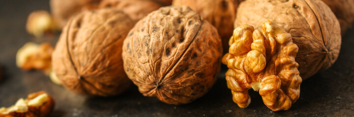 Walnuts, tasty and healthy (whole nuts) menu concept. food background. copy space. Top view 