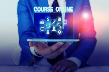 Text sign showing Course Online. Business photo showcasing eLearning Electronic Education Distant Study Digital Class