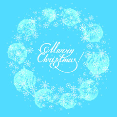 Vector set with round garlsnd erom white hand drawn snowflakes and leave prints and lettering 