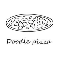 Single hand-drawn pizza. In doodle style, black outline isolated on a white background. For banners, cards, coloring books, design, business, menu. Vector illustration