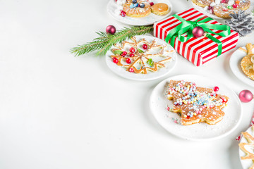 Various funny kid Christmas breakfast pancakes set - in form of snowflakes, Christmas tree, snowman, santa deer, mouse, With xmas decoration copy space