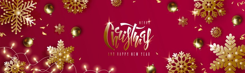 Christmas and New Year design, gold christmas balls, golden snowflakes, garland with luminous bulbs, lettering on red background. Festive vector horizontal template EPS10