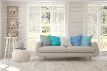 Stylish room in white color with sofa and summer landscape in window. Scandinavian interior design. 3D illustration