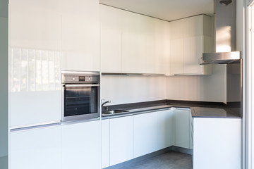 Fototapeta premium Modern white kitchen in empty apartment with white walls
