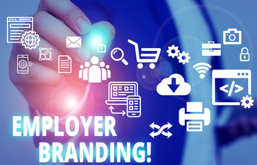 Text sign showing Employer Branding. Business photo text promoting company employer choice to desired target group Male human wear formal work suit presenting presentation using smart device