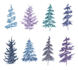 Watercolor set of spruces isolated on white background.