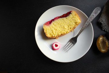 plum pie (delicious dessert, pastries with fruit) menu concept. food background. copy space. Top viev