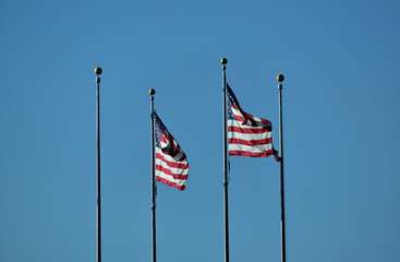 Centered 4 flagpoles with USA flag on center 2 flagpoles with clear blue sky background