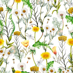 Watercolor seamless pattern of  garden wildflowers, Seamless botanical pattern