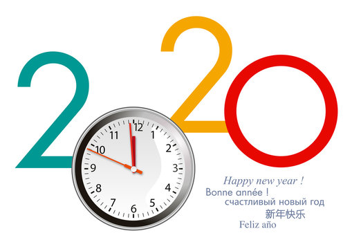 Carte de vœux 2020 avec un cadran de montre, lançant le compte à rebours pour le passage à la nouvelle année.