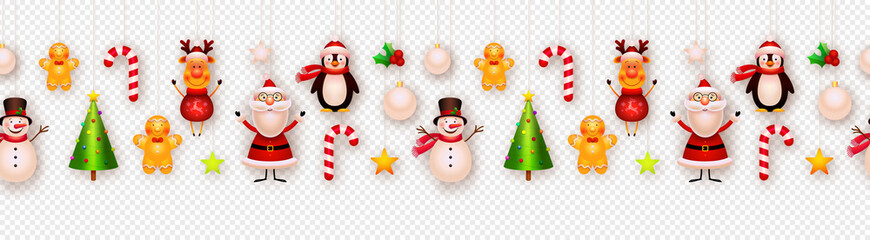 Christmas decor, hanging ornaments vector background. Garland. Christmas tree, snowman, santa, star, reindeer, gigngerbread. New year, winter holiday decoration isolated on transparent background.