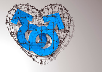 3D rendering. Logos of a man and a woman inside the barbed wire in the form of a heart. The concept of same-sex marriage.