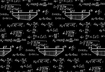 Physics seamless pattern with the equations, figures, schemes, formulas and other calculations on blackboard. Write with chalk retro scientific handwritten vector Illustration.