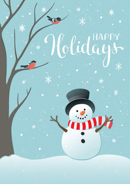 Winter holidays or Christmas background with snowman and snowflakes.