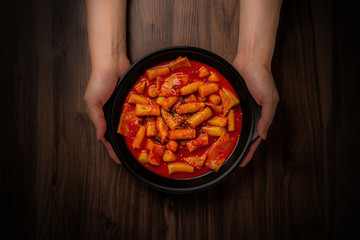 Delicious spicy tteokbokki in Korea. Korean traditional food.