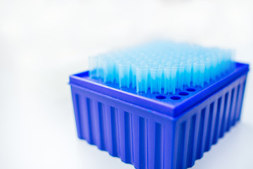 Empty test tubes on in a blue container, white background, copyspace. Laboratory analysis equipment. Selestive focus.