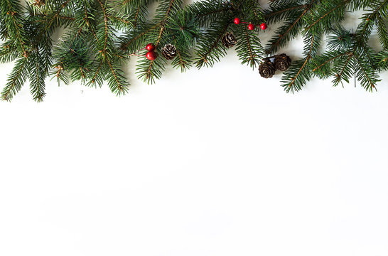 Christmas holiday background. Fir branches with cones and berries on the white background with copy space