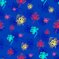 Vector seamless pattern with stylised floral ornament on dark background. Motif floral .Abstract illustration for fashion, rextile, fabric, wallpaper design. Vintage. Blue, red , yellow, idigo colors.