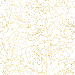 Seamless pattern with golden outlined succulent flowers on white background